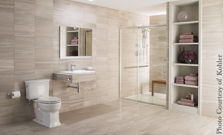 Universal design bathroom, accessible shower, vanity, hand grips