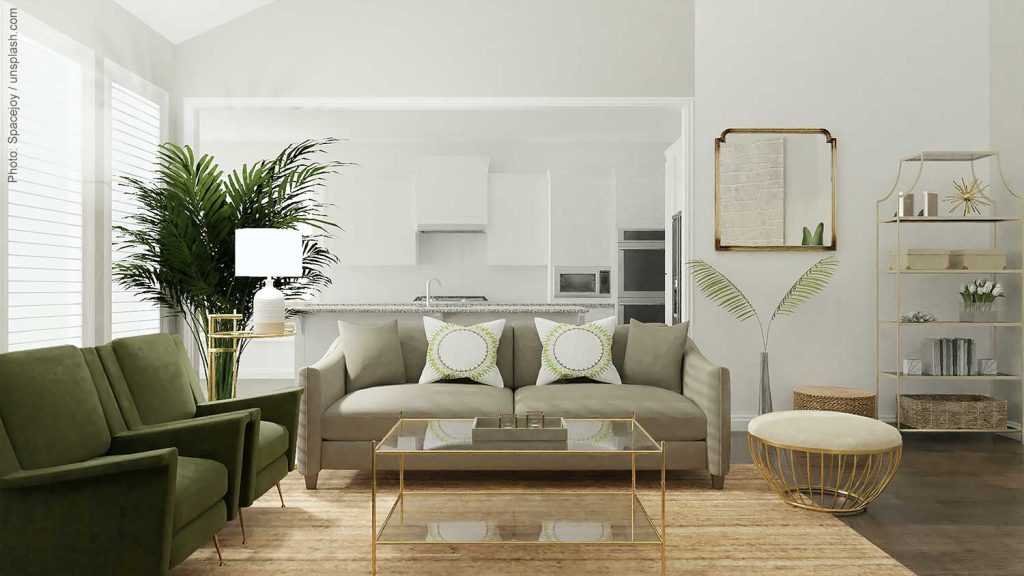 This living room with lots of green and natural elements accents this beautiful home